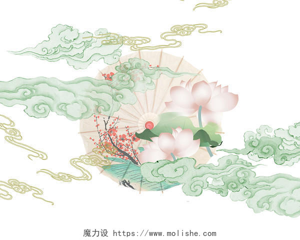 绿色手绘国潮中国风古风荷花祥云雨伞油纸伞元素PNG素材